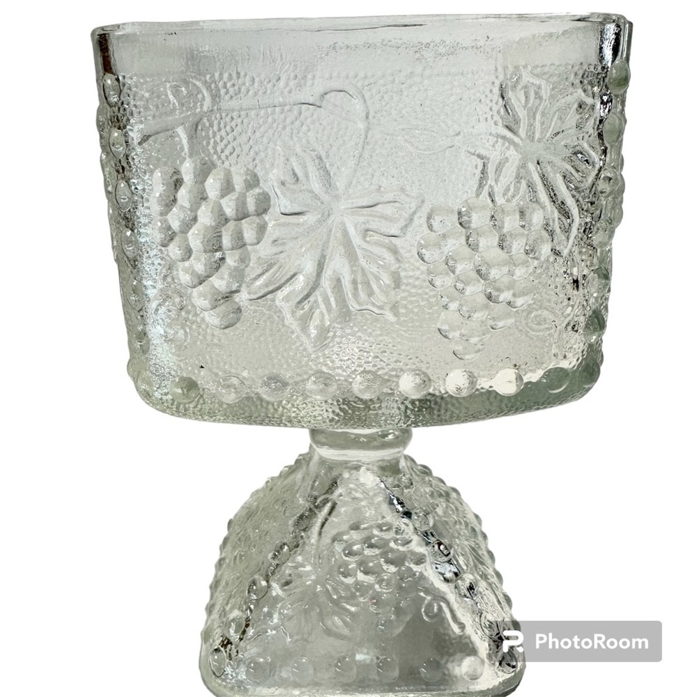 Indiana Glass Clear Raised Harvest Grape Design Square Pedestal Candy Dish